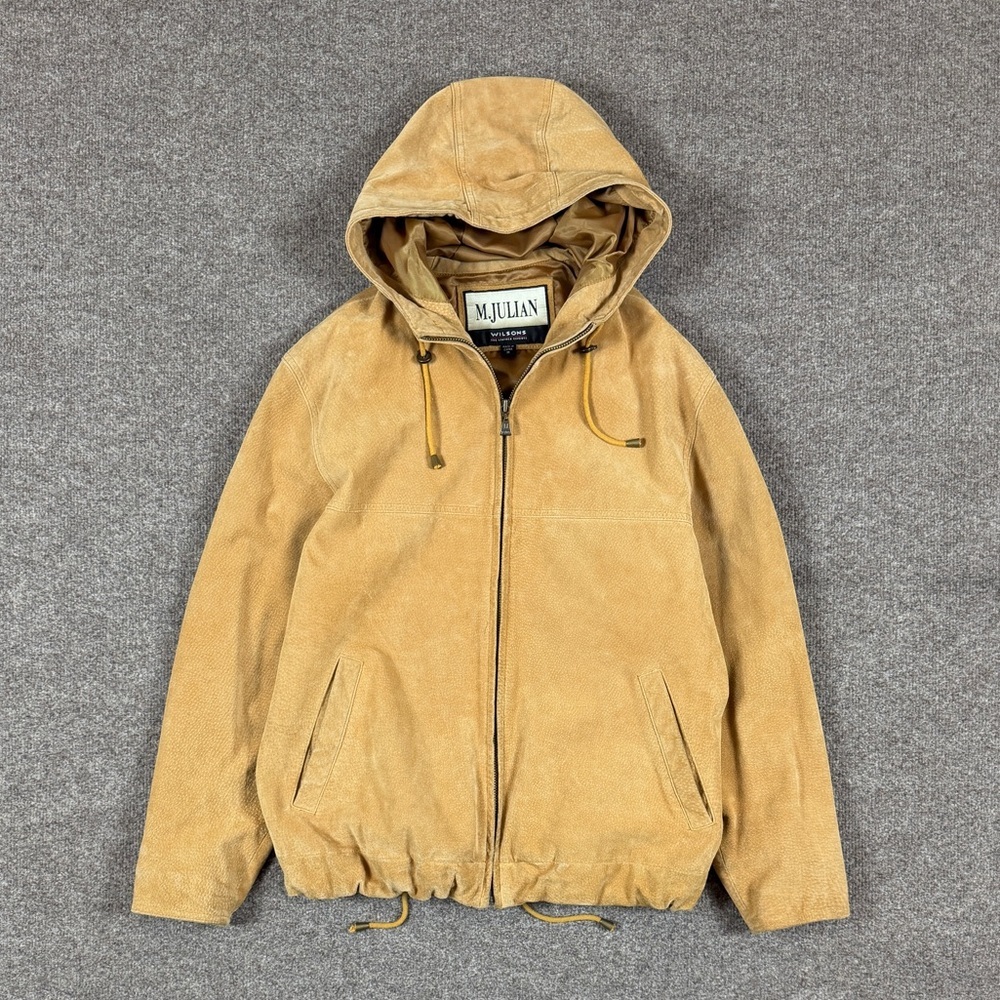 M. Julian Wilsons Tan Suede Leather Bomber Jacket Women’s Medium Hooded Full Zip - Picture 4 of 14